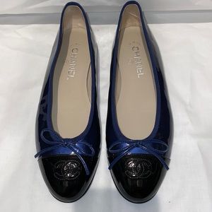Chanel Patent Cap Toe Flats Black and Blue